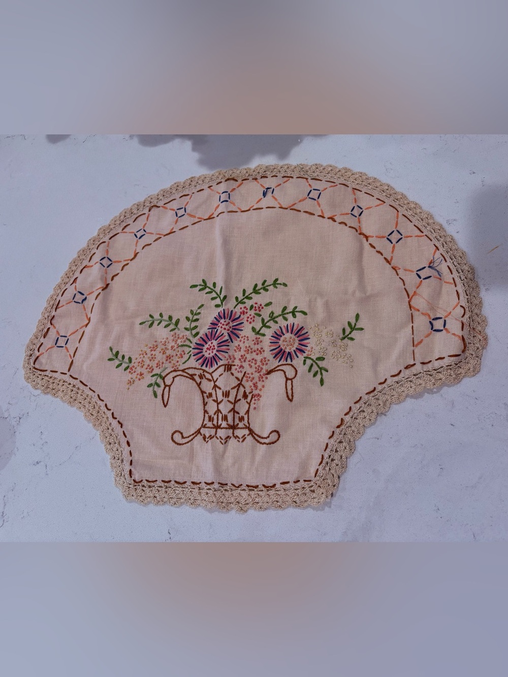 Embroidered Floral Basket Doily in Cream Fan Design Finished Back
